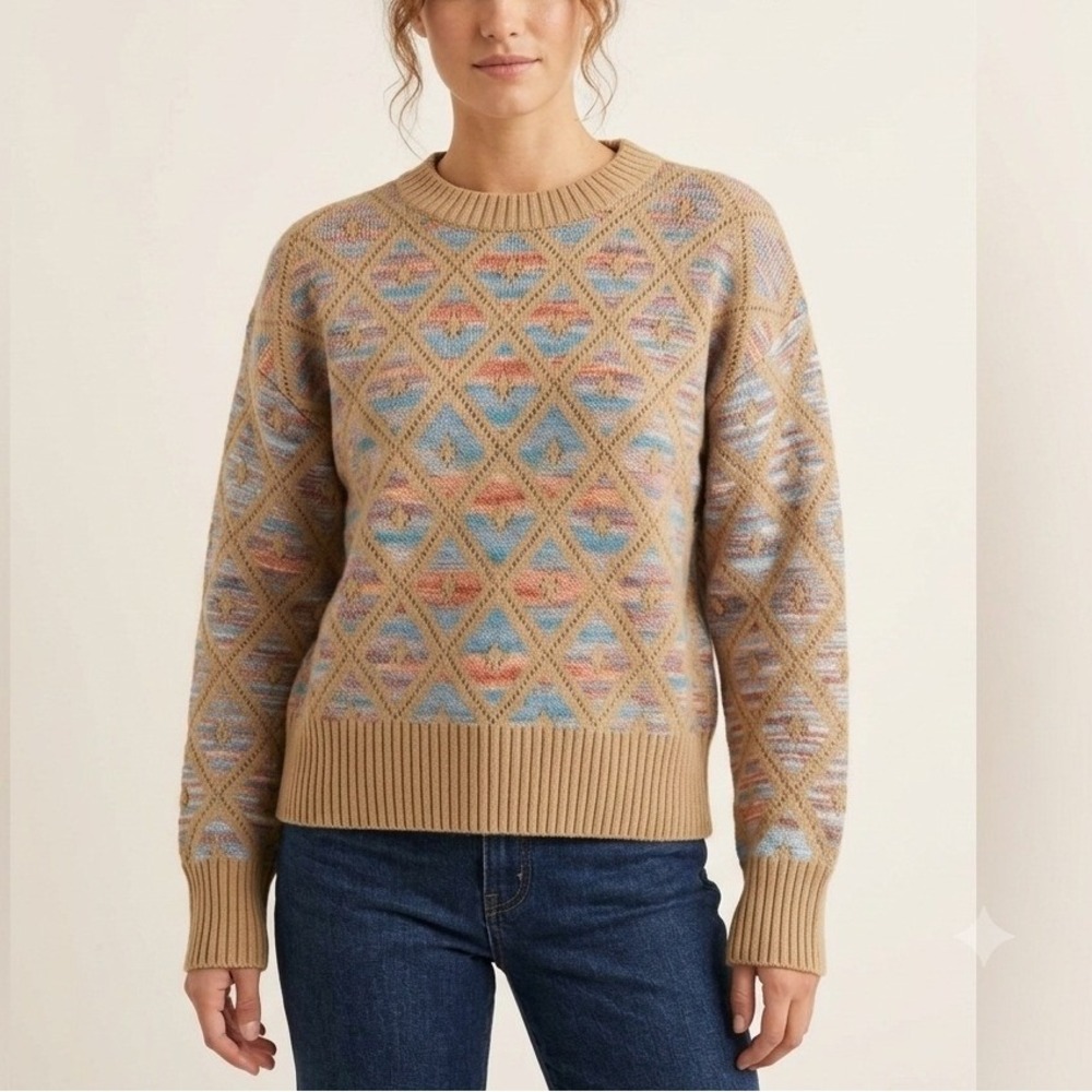 Merci Tan Blue‎ Argyle Diamond Knit Crewneck Sweater Womens Medium Wool Blend